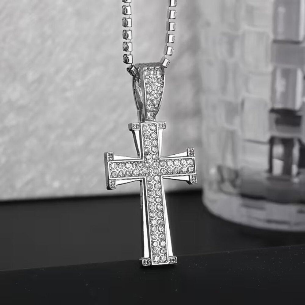 925 Sterling Silver Mens 24" 2ct Diamond Cross Necklace Guys Christian Jewelry
